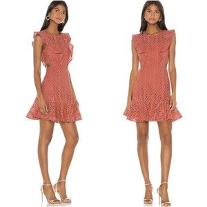 Revolve Bardot Aria Eyelet Cutout Short Dress Ruffle Moroccan Rose US S Uk10